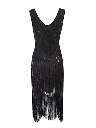 MIMIKRY 20er Jahre Charleston Pailletten Kleid Schwarz mit Fransen Flapper Damen-Kostüm, Größe:M
