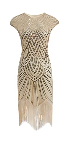 MIMIKRY 20er Jahre Charleston Pailletten Kleid Creme/Gold mit Fransen Flapper Damen-Kostüm, Größe:L