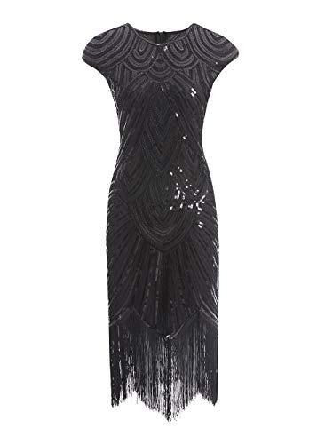 VILOREE Damen Kleid voller Pailletten 20er Stil Runder Ausschnitt Inspiriert von Great Gatsby Kostüm Kleid Schwarz M