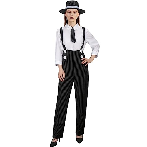 NUWIND 1920er Jahre Gangster Kostüm für Damen Mafia Nadelstreifen Hose Overall Hemd Krawatte Hut 20er Jahre Outfit...