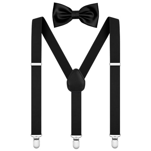 AOOWU Hosenträger für Herren, Breit 2.5 cm mit sehr Starken 3 Metall Clip, 2er Set mit farblich passender Fliege,...