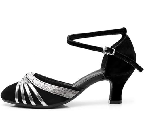 Damen Tanzschuhe Geschlossene Spitze Oberseite Velvet Latin Salsa Tango Prom (Schwarz Silber Außen, EU37)