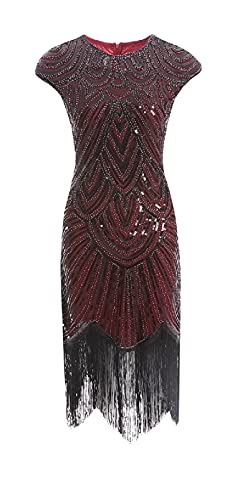 MIMIKRY 20er Jahre Charleston Pailletten Kleid Rot/Schwarz mit Fransen Flapper Damen-Kostüm, Größe:S