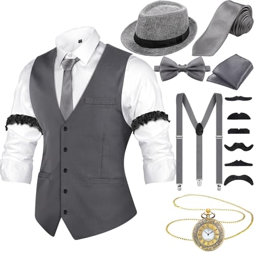 20er Jahre Herren Accessoires mit Weste Fedora Hut Taschenuhr Fliege Krawatte Hosenträger und Requisit (Grau, XL)