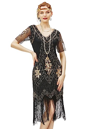 BABEYOND 1920s Kleid Damen Flapper Kleid mit Kurzem Ärmel Gatsby Motto Party Damen Kostüm Kleid (SchwarzGold, L)