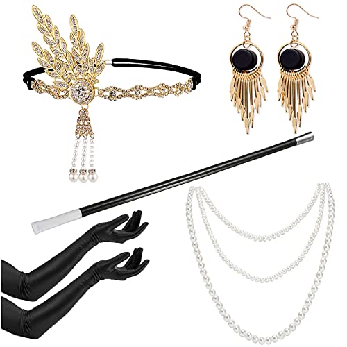 YADODO 20er Jahre Accessoires Damen 5 Stück Gatsby Accessoires Damen mit Kopfschmuck 20er jahre Damen Lange Handschuhe...
