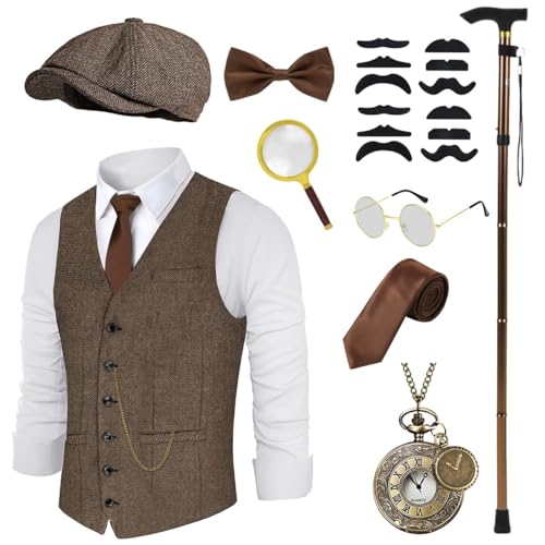 20er Jahre Kostüm Herren Weste mit Accessories Braun, Lupe Faltbare Krücke Taschenuhr Bart Fedora Gläser, Krawatte,...