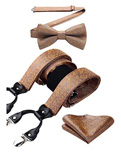 HISDERN Braun Gold Hosenträger und Fliege Set für Herren Einstecktuch Y Style hosenträger mit 6 Starken Clips...