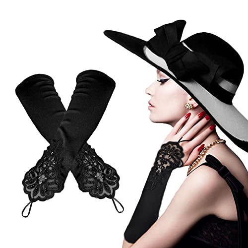 TSHAOUN Schwarze Opera Lange Handschuhe,Damen Handschuhe Satin Classic Opera Fest Party Audrey Hepburn Handschuhe,1920er...