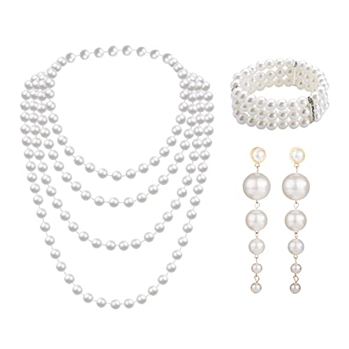 MIVAIUN 3 Stück Perlen Set mit langen Kunststoffperlen Ohrringen 3 Reihiges Stretch Perlenarmband 1920er Perlenkette...