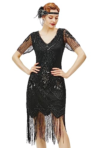 BABEYOND 1920s Kleid Damen Flapper Kleid mit Kurzem Ärmel Gatsby Motto Party Damen Kostüm Kleid (Schwarz, L)