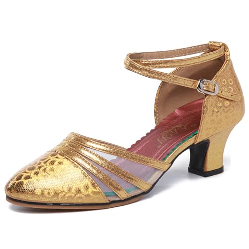 Damen Salsa Latin Tanzschuhe Tango Schuhe Riemchen Blockabsatz Pumps（Gold 3CM.EU 38Normal）
