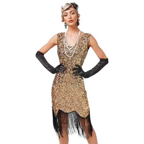 Damen 1920er Jahre V-Ausschnitt Pailletten Fransen Kleid Flapper Charleston Kleider Cocktailkleid Partykleid Gatsby...