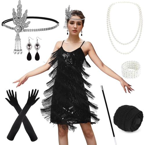 PLULON Damen 1920er Gatsby Pailletten Fransen Vintage Flapper Kleid Cocktailpartykleid mit 20er Jahre Accessoires...