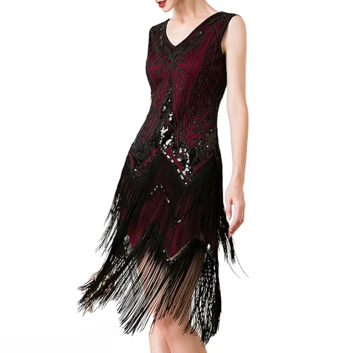 MUNAFIE 20er Jahre Kleid Pailettenkleider Fransenkleid V-Ausschnitt Glitzer Kleid für Damen 1920er Gatsby Charleston...