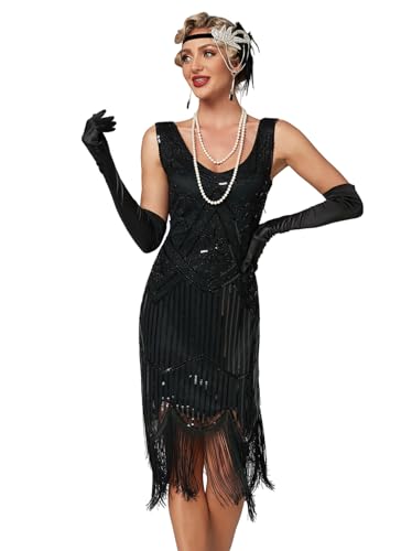 VILOREE 1920 Pailletten verschönert Quasten Falten Flapper Damen Mini Kleid Party Gastby Motto Schwarz L