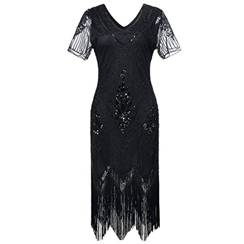 Gatsby elegantes Flapper-Kleid mit Ärmeln für Damen im Stil der 1920er-Jahre, Vintage, mit Pailletten, Fransen,...