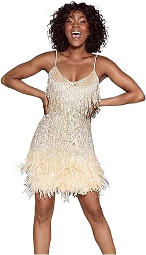 MIMIKRY Tina Turner Fransen Kleid Gold mit Federn Disco Outfit 70s Damen-Kostüm 20er Jahre Charleston Minikleid,...