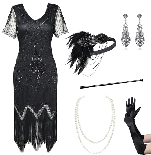 BABEYOND 1920s Flapper Kleid Mit Kurzem Ärmel - Gatsby Motto Party Damen Kostüm Set (Schwarz, L)