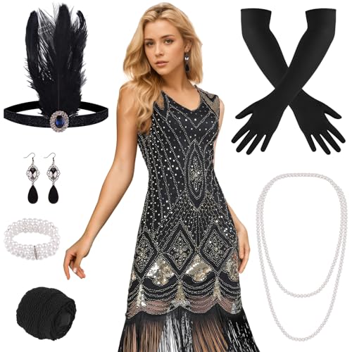 PLULON 1920er-Jahre-Flapper-Kleid. Brüllendes 20er-Jahre-Gatsby-Kleid-Kostüm mit 20er-Jahre-Accessoires