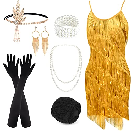 PLULON Damen 1920er Jahre Gatsby Pailletten Fransen Vintage Flapper Kleid Cocktailparty Kleid mit 20er Accessoires...