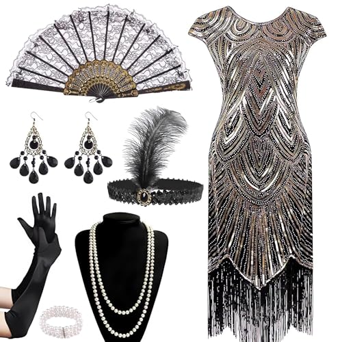 HBWHNIU 20er Jahre Kleider Damen, Pailletten Fransen Kleid, mit 20er Jahre Accessoires, Flapper Kleid, Faschingskostüme...