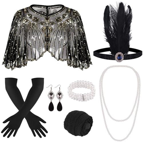 ELECLAND 10-teiliges 1920er Flapper Gatsby Accessoires-Set Fashion Roaring 20's Theme Set mit Stirnband, Kopfbedeckung,...