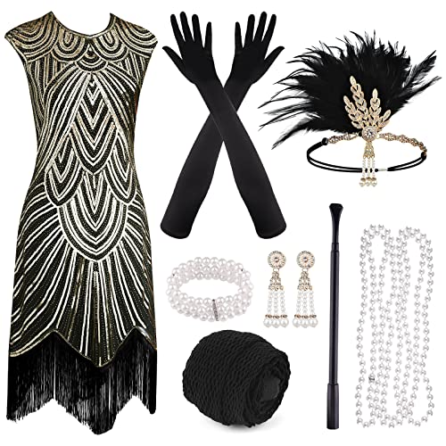 PLULON 1920er Jahre Pailletten Perlen Flapper Gatsby Kleid mit 20er Accessoires Set Roaring 20s Kostüme Stirnband...
