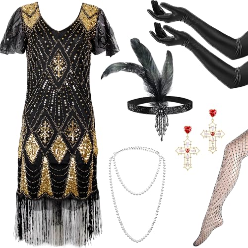 Jokureao 6Stück 20er Jahre Kostüm Damen Set,V-Ausschnitt Pailletten Rock, Gatsby Kleid Damen mit 20er, 1920er...