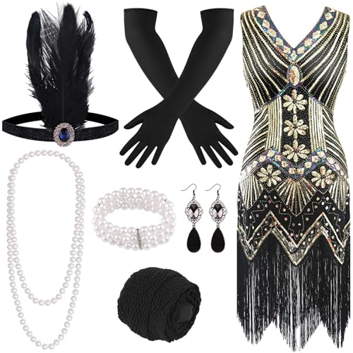 FEPITO 1920er Jahre V-Ausschnitt Pailletten Perlen Fransen Kleid mit 20er Jahren Zubehör Set (black and gold（style...
