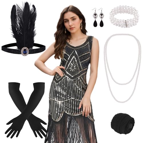 FEPITO Flapper-Kleider im Stil der 1920er Jahre für Damen, mit Fransen und Pailletten besetztes Great Gatsby-Kleid für...