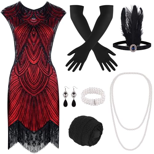PLULON 1920s Pailletten Perlen Fransen Flapper Kleid mit 20s Accessoires Set (Rot