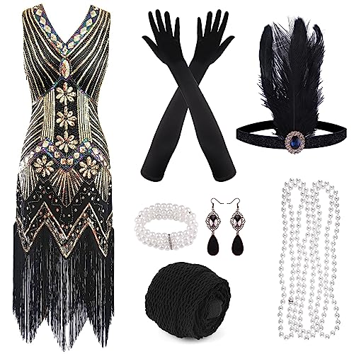 FEPITO 1920er Jahre V-Ausschnitt Pailletten Perlen Fransen Kleid mit 20er Jahren Zubehör Set (Black and Gold（Style...