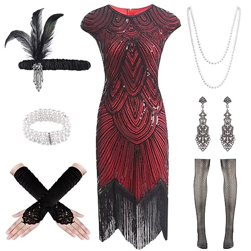 WILDPARTY 20er Jahre Kostüm Damen Charleston Kleid, Flapper Kleid mit Pailletten Perlen Fransen Netzstrümpfe, Gatsby...