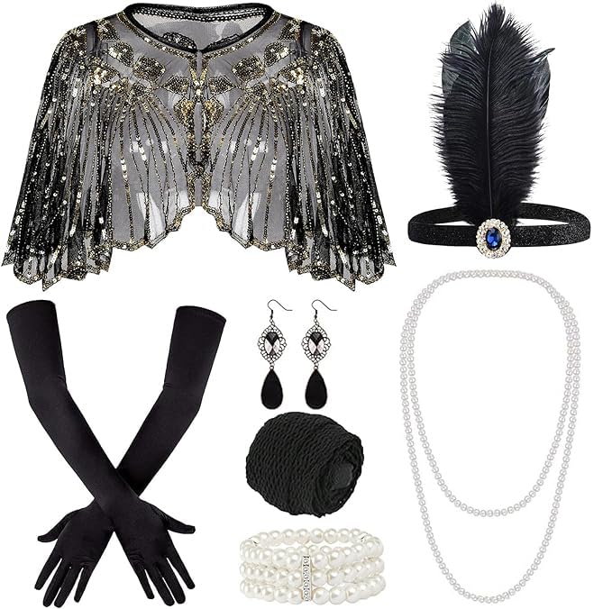 8 Stück 20er Jahre Kostüm Damen Set, 1920er Accessoires Damen Kopfschmuck, Perlenkette, Ohrringe, Handschuhe,...